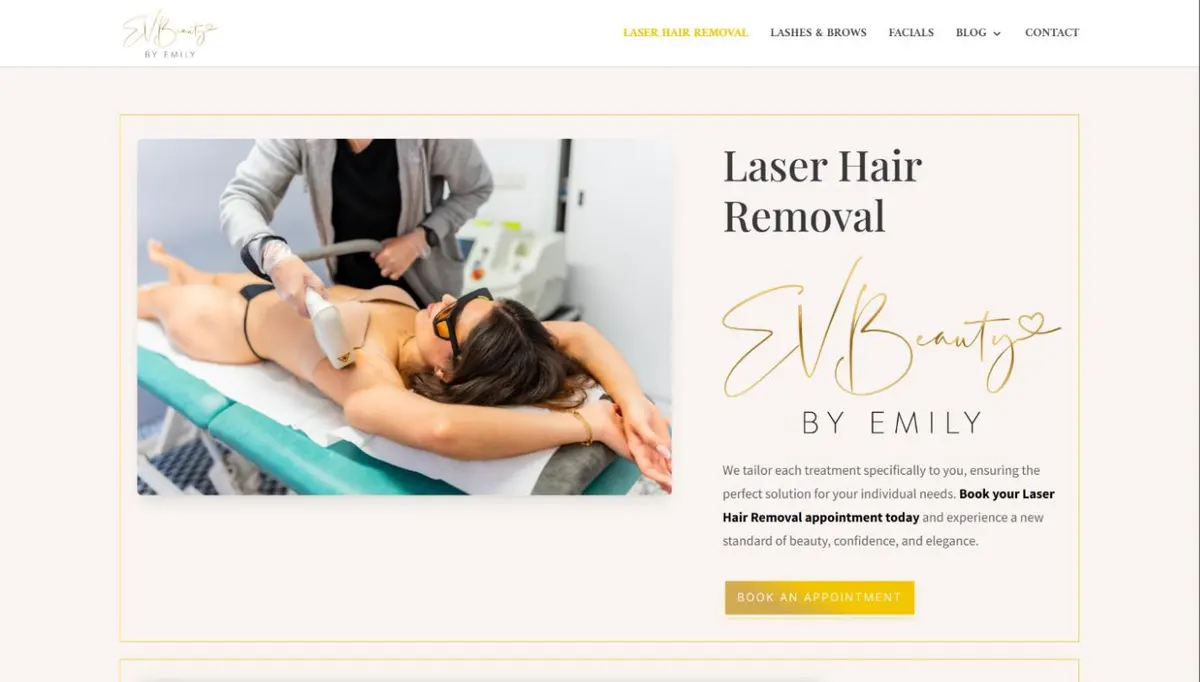 The EV Beauty homepage, headed Laser Hair Removal with a Book an Appointment button.