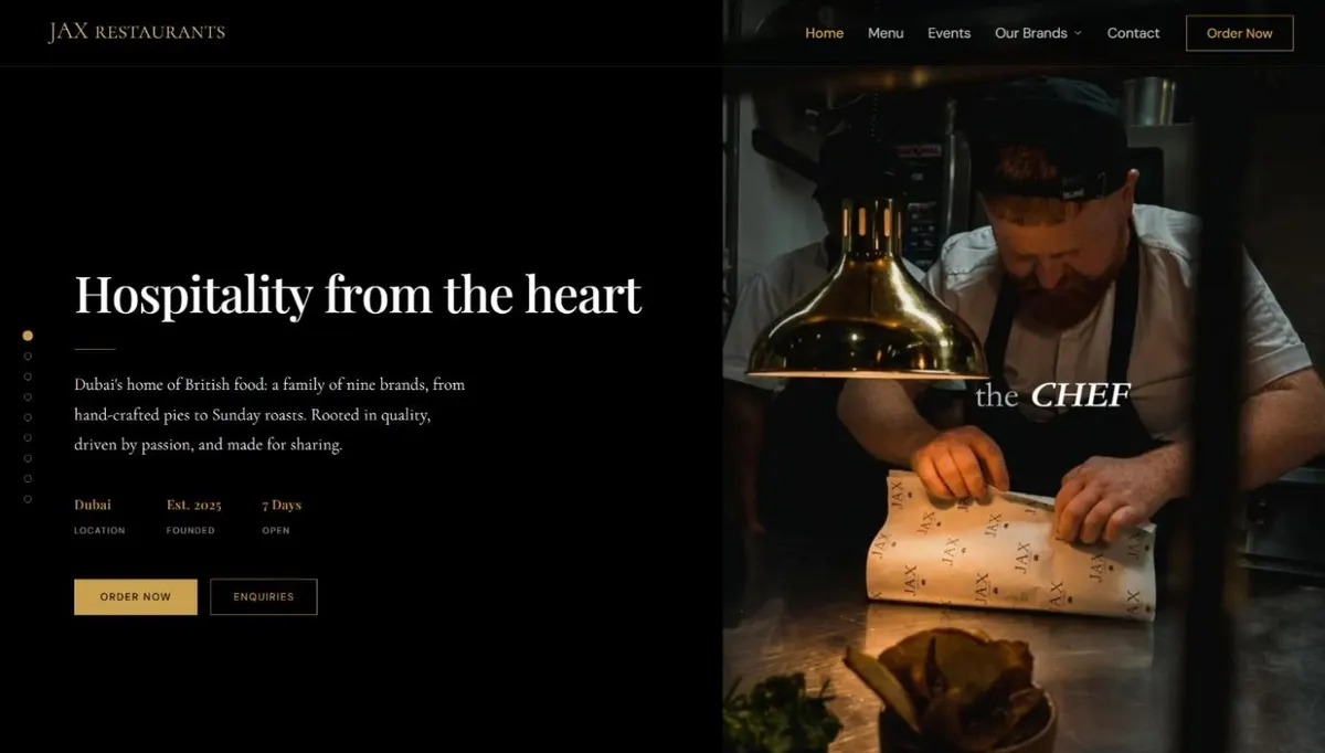 The Jax Restaurants homepage, headed Hospitality from the heart over a photo of a chef wrapping food.