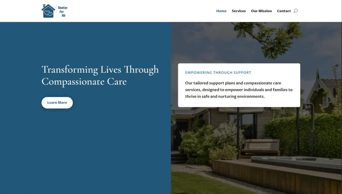 The Shelter For All homepage, headed Transforming Lives Through Compassionate Care beside a photo of a garden.
