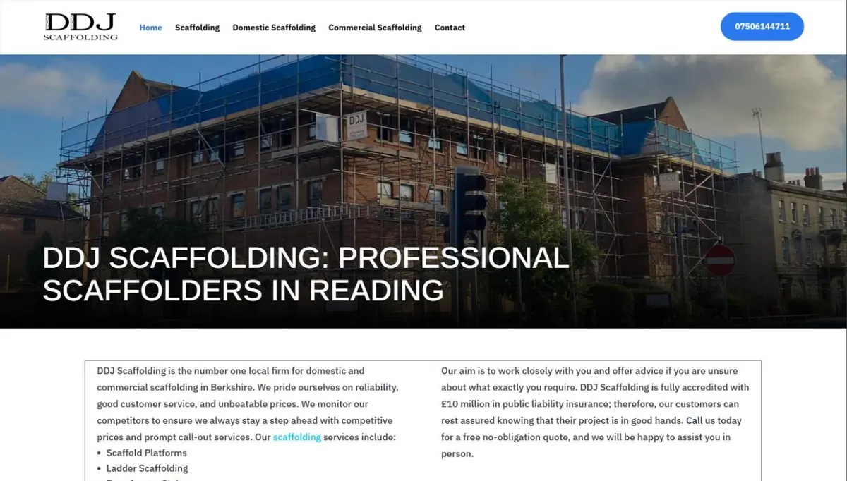 The DDJ Scaffolding homepage, headed Professional Scaffolders in Reading over a photo of a scaffolded building.
